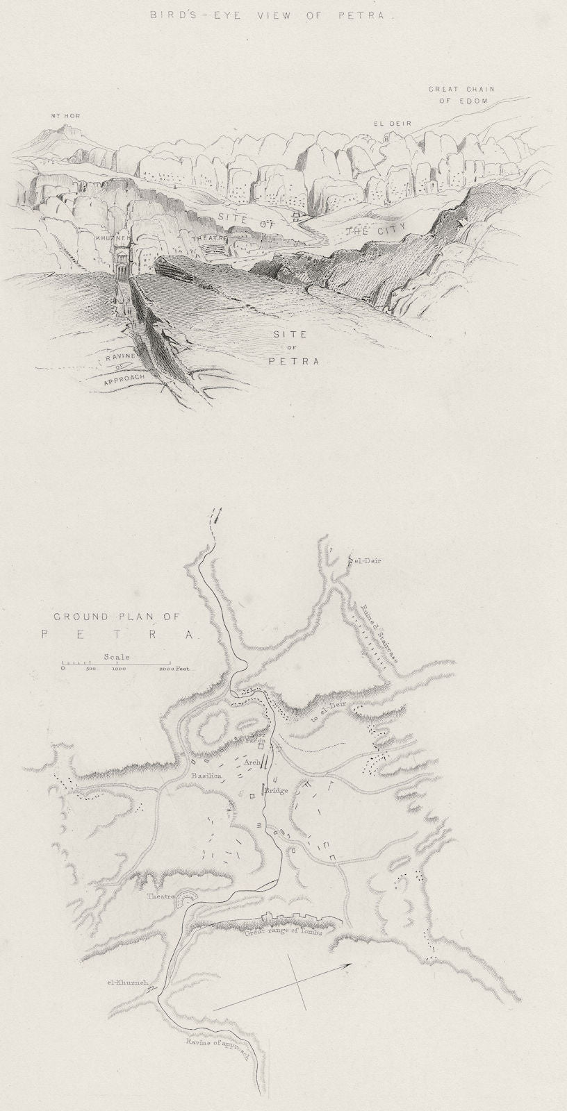 JORDAN. Bird's eye Petra; plan of-Bartlett 1847 old antique print picture